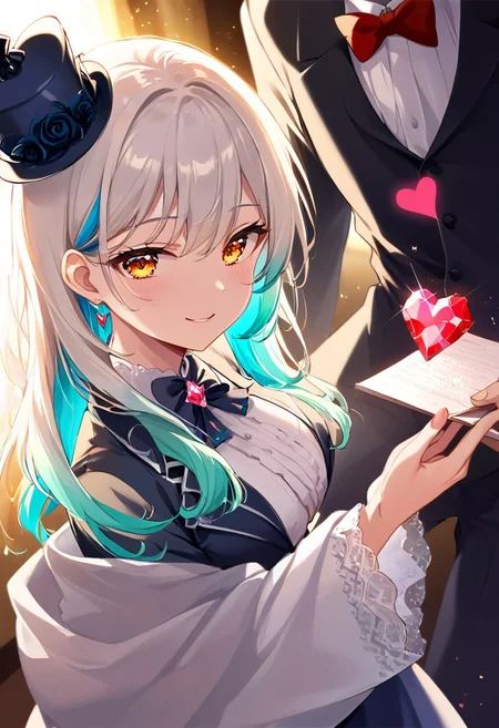 (masterpiece), (score_9, score_8_up, score_7_up,source_anime), 4K8K, best quality, high res image, illustration, (Uncorrected), CG, 
from above, 
(floating Heart-Shaped crystals:1.4), backlighting, 
Romantic dance, Elegant movements, Mutual harmony,  Dynamic, active, 
(girl and boy dancing waltz), (medium breasts), smile, (girl is boy's neck holding and bent back:1.4), 
(boy is holding girl's hip and hand:1.2), 
(gradient hair, multicolored hair, white hair, aqua hair), (amber eyes, detailed eyes),  
(girl wearing red modern dress, long hem, silkhat, miniature hat, pantyhose, see-through long shawl), 
(boy wearing tuxedo, blond hair:1.2), 
(in ballroom, backlighting1.2),