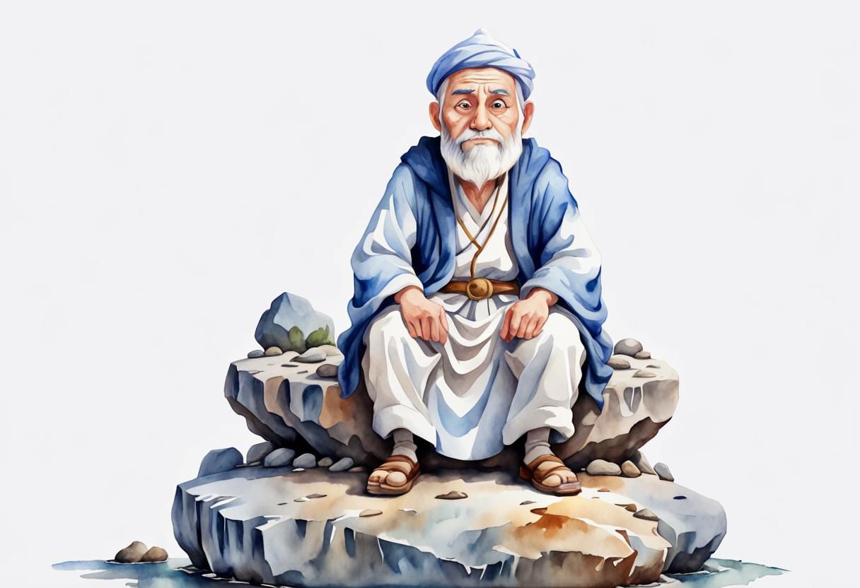 A front view of a wise man sitting on a rock in a white background painted by watercolor 3DAnimationStyle