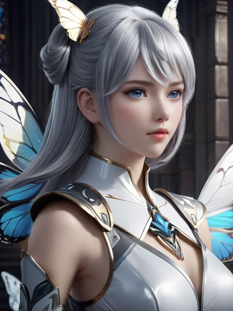 best quality, masterpiece, extremely detailed cg 8k wallpaper,skin gloss,light persona, (extremely delicate and beautiful),1girl, solo,pefect face,, white background, realistic, simple background, twintails, upper body, blue eyes, hair rings, armor, lips, grey eyes, shoulder armor, long hair, grey hair, detached sleeves <lora:HanXue_SDXL-000002:0.5>, 8k portrait,of beautiful girl white cyborg,elegant,majestic,digital photography,art by artgerm and ruan jia, surreal painting butterfly,highres,focus,colorful,paint,illustration,glow,impossible figures,paradoxical art,paradox,impossible geometry,hypercube,abstract fantasy castle,Beautiful Psychedelic Trippy White Intricate Detailed Elaborate,<lora:3DMM_V12:0.7>,<lora:LowRA:0.7>,