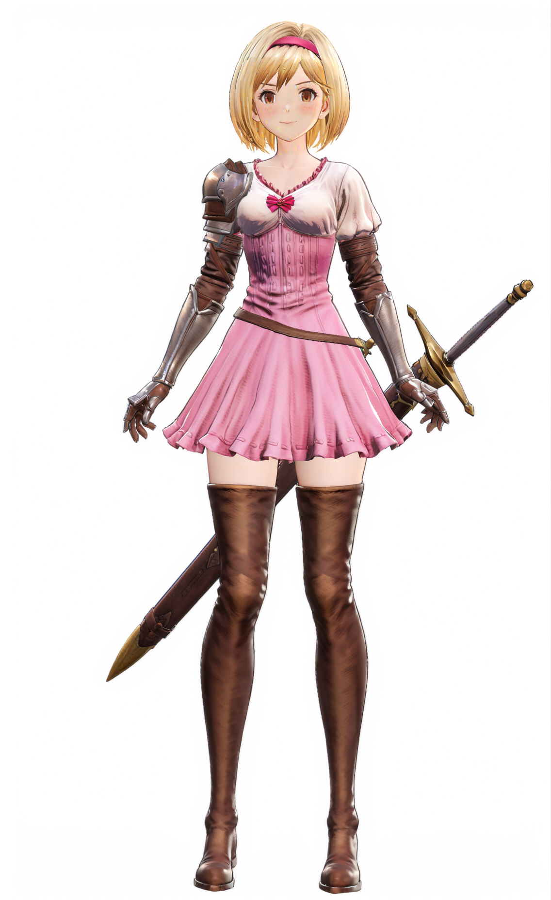 8k, best quality, masterpiece, (ultra-detailed), (high detailed skin), (white background:1.2),
(full body), (white background), standing, looking at viewer, (solo),
<lora:GBFV1-A3-Tanger-000013:0.8>,djeeta (granblue fantasy), djeeta's pink dress, Game's style, 1girl, blonde hair, solo, thigh boots, boots, pink hairband, sword, thighhighs, weapon, hairband,  brown footwear, dress, sheath, gauntlets, short hair, brown eyes, smile,
full_shot,