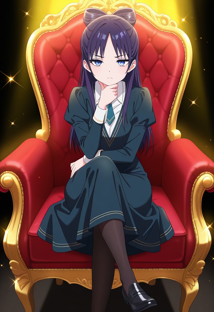 straight-on, (absurdres, best quality, masterpiece:1.4), amazing quality, highres, newest, detailed, detailed body, detailed face, source anime, anime coloring, beautiful, dark background, petite, on fancy red chair, sitting, yellow light ray, crossed legs, hand to own chin, downturned eyes, looking ahead, sparkles,
BREAK
WWNemu, 1girl, solo, frown, NemuAniHu, dark purple hair, bow-shaped hair, parted bangs, half updo, blue eyes, v-neck dress, white inner collared shirt, Short necktie, juliet sleeves, long skirt, black pantyhose, black shoes, hand on chair