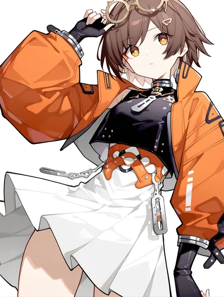 1girl,solo,(simple background:1.2),(white background:1.1),qianqiu,,looking_at_viewer,eyewear on head,from_side,short hair,orange coat,white dress,quan \(kurisu tina\),<lora:qianqiu-000008:0.8>, masterpiece, best quality, very aesthetic, absurdres