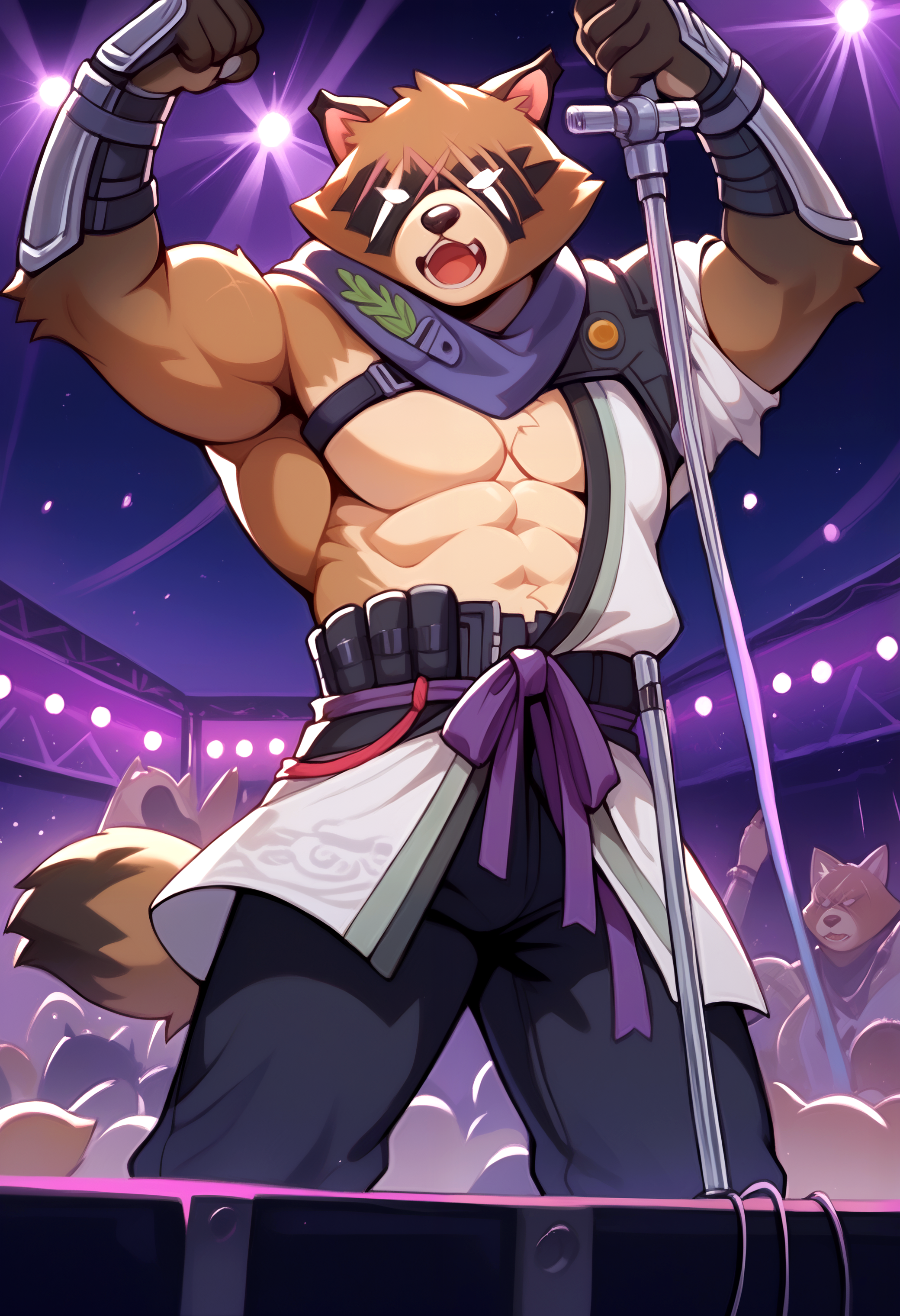score_9, score_8_up, score_7_up, 8k, detailed background, masterpiece, anthro only, furry only,   solo,  ((close up:1.2)),  <lora:HajimePony-000005>, Hajime_(Fortnite), no pupils, armor, gauntlet, japanese armor, japanese clothes,  white hadanugi dousa, purple neckerchief, muscular male, black pants,     outside, concert, night, lights, colorful lights, rave, rave party, on stage, screen, holding microphone stand, microphone stand, open mouth, stage, singing, truss, crowd, cheering, rave sticks, glow sticks,