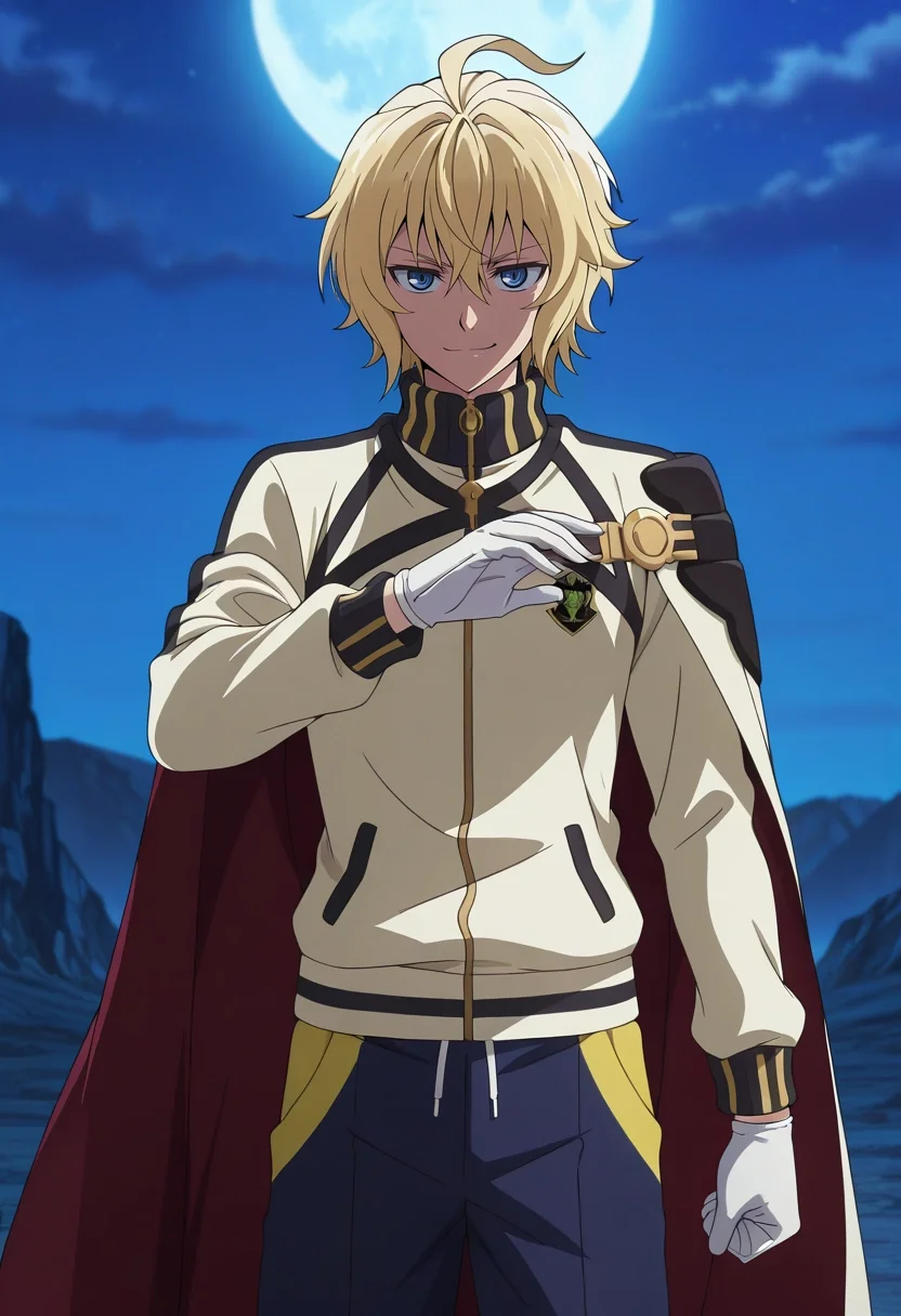 masterpiece, best quality, , anime screencap, anime coloring, official style, , 1boy, solo, male focus, <lora:mikaela_hyakuya_ilxl:0.92>, mikaela_hyakuya, blonde hair, blue eyes, short hair, hair between eyes, bangs, ahoge, white gloves, cape, wide angle, wide shot, cowboy shot, ayers rock, night, full moon, pose, smirk, Silk Boardshorts, Track jacket, , Balaclava, and