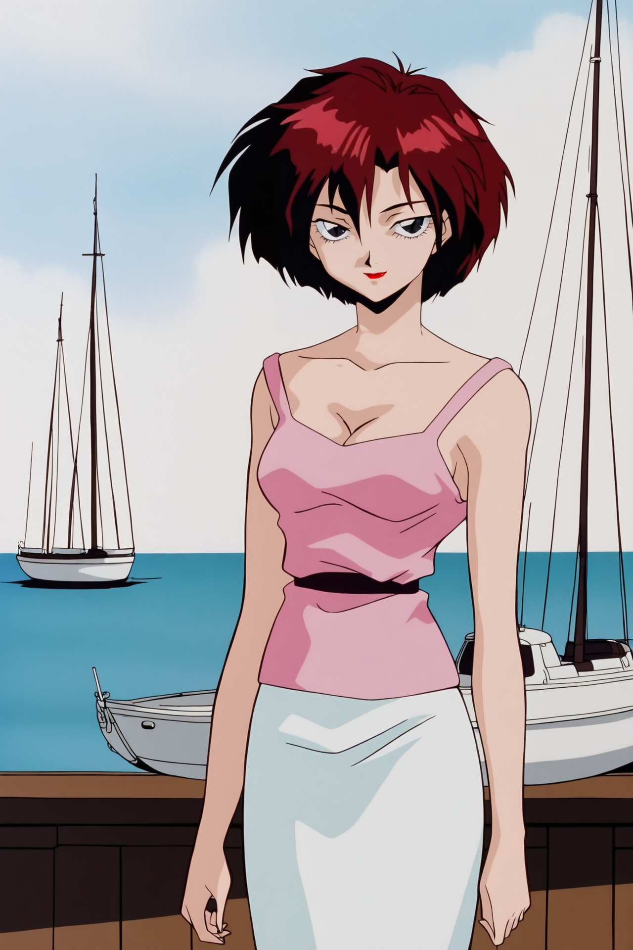 anime screencap,anime coloring,detailed face,masterpiece,best quality,very aesthetic,absurdres,volumetric lighting,official style,amazing quality,ultra detailed,highres,amazing quality,scenery,beautiful detailed hair,beautiful detailed eyes,<lora:Ennil El-IL V1:1>,Ennil El,1girl,solo,red hair,short hair,retro artstyle,1990s \(style\),makeup,red lips,black eyes,breasts,cleavage,
upper body,looking at viewer,seductive_smile,
watercraft,skirt,standing,boat,ocean,outdoors,sky,pink tank top,white skirt,