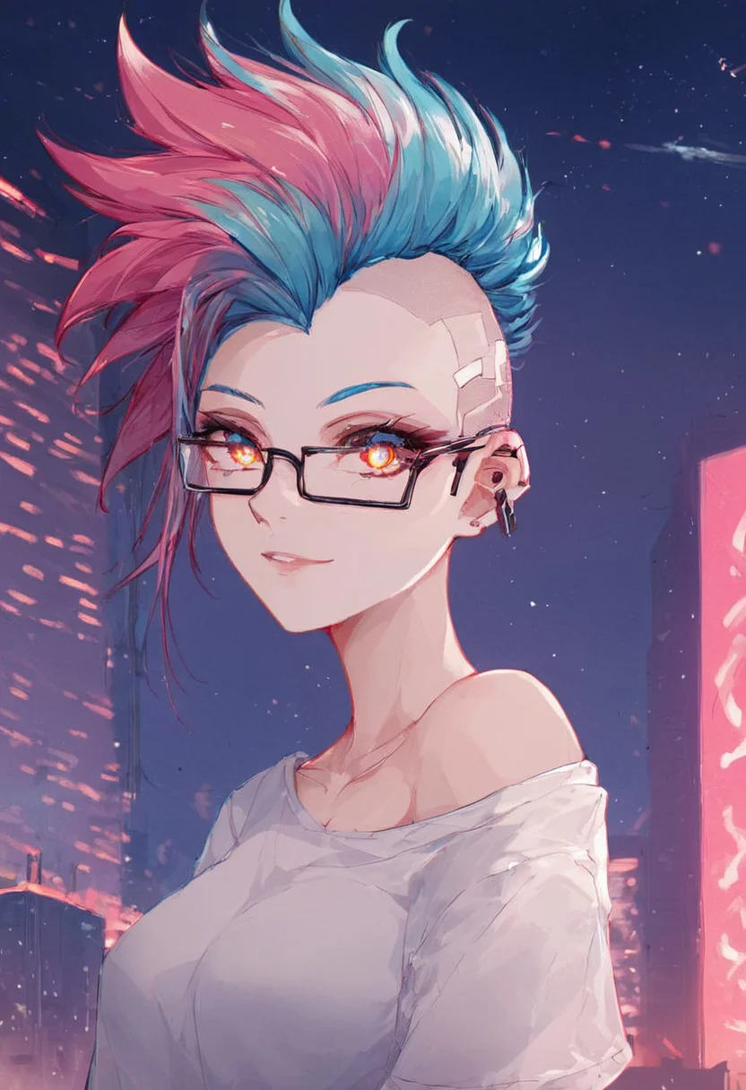 score_9, score_8_up, high quality, a (dark night) in a cyberpunk city with building in the background, civitametapunksdxl_fem, a beautiful girl with glowing pupils, she is wearing an oversized t-shirt, high-tech glasses, neon mohawk hair, white skin
