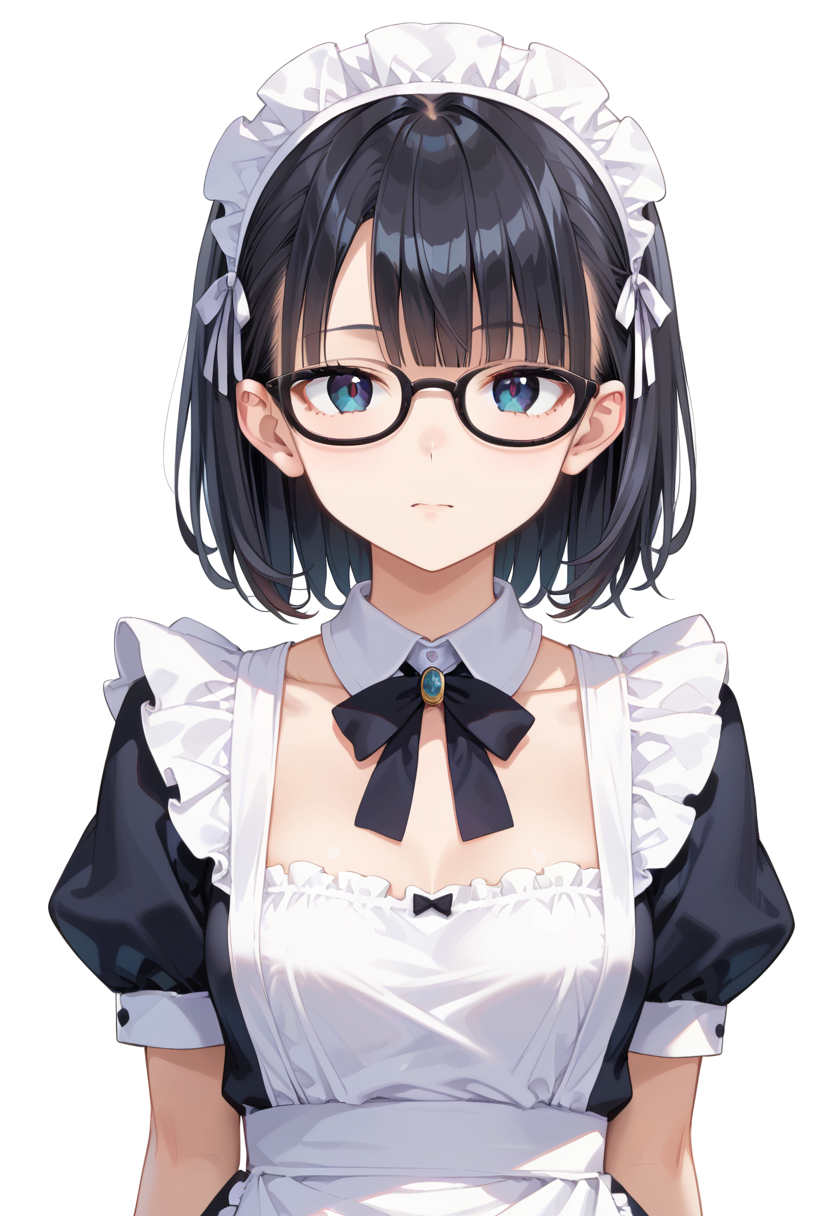 score_9, score_8_up, score_7_up, rating_safe, masterpiece, best quality, absurdres, unity 8k wallpaper, official art, official style, source_anime, uncensored, game cg, megami magazine,
1girl, solo, black hair, medium hair, upper body, covered eyes,maid, maid headdress, black dress, maid apron, face focus,
oval_cell, glasses, still life, white background, simple background, black-framed eyewear,
 <lora:glasses_OvalCell2_PONY_V1:1>