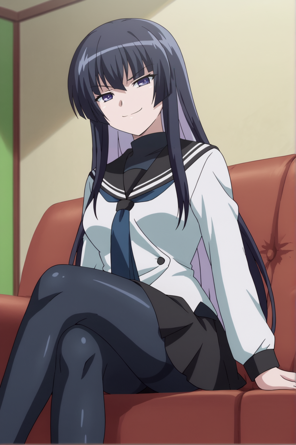 score_9, score_8_up, score_7_up,anime_source, source_anime, best background, detailed background, anime screencap,  Shizuku, 1girl,  blue neckerchief, pantyhose, crossed legs, school uniform, sitting, skirt, serafuku, solo, sofa, smug, seductive body, indoors,  <lora:JN_Shizuku_Sango:0.8>