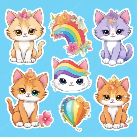 Cute sparkle rainbow kitten StickerSheet <lora:SDXL-StickerSheet-Lora:1>, Very detailed, clean, high quality, sharp image, Eric Wallis