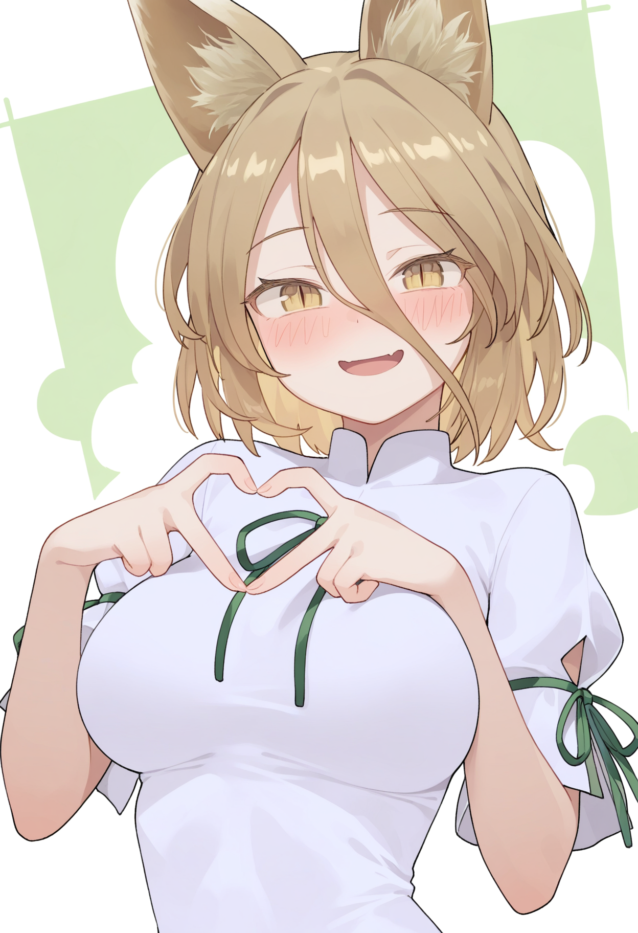 masterpiece,best quality,amazing quality,
1girl, solo, heart, animal ears, kudamaki tsukasa, heart hands, blonde hair, fox ears, upper body, hair between eyes, looking at viewer, open mouth, breasts, green ribbon, smile, short sleeves, romper, blush, short hair, ribbon, yellow eyes, slit pupils, bangs, puffy sleeves, bow, puffy short sleeves, large breasts,
 <lora:Biyobiyo:1>