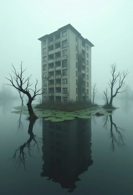 A grey, concrete Eastern European apartment block, typically seen in urban settings, precariously stands on a single giant lily pad, floating on the still, dark waters of an endless, eerie swamp. The fog hangs low, and twisted, dead trees emerge from the murky depths, creating a hauntingly surreal scene.