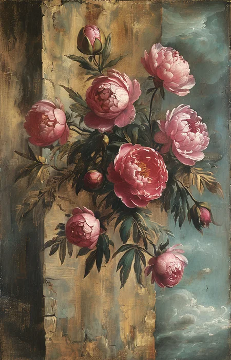 masterpiece,best quality,<lora:tbh195-sdxl:0.9>,illustration,style of Titian, decaying peonies
