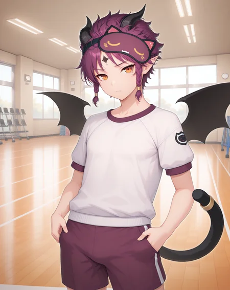 masterpiece,best quality,amazing quality, newest, very aesthetic, absurdres,
1boy, solo, yaoi, male focus, looking at viewer, cowboy shot, standing,
<lora:Veigas_Dream_Cat_ilxl:1> veigasdreamcat, demon tail, purple hair,pointy ears, demon horns, black wings, short hair, orange eyes, demon wings, bat wings, black horns, sidelocks, cat tail, forehead mark,
gym uniform, gym shorts, gym shirt,
indoors, gym,