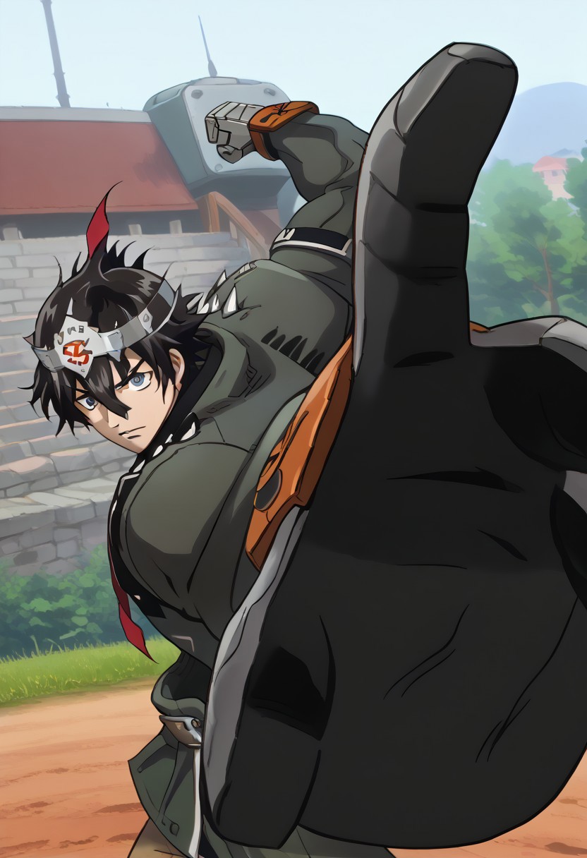 score_9, score_8_up, 1boy, yukiteru_amano's head, ggstpot's body, source_anime, anime screencap, anime coloring, 2d, zPDXL2, black hair, blue eyes, short hair, hair between eyes, huge male, ultra-muscular male, no helmet, green jacket, pants, boots, gauntlets, belt, spikes, outdoors, IncrsPunchMeme, incoming punch, impact lines, dynamic, shouting, confident, powerful