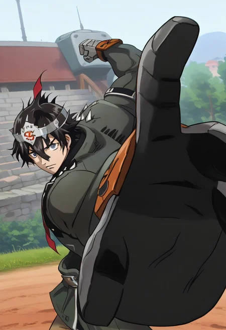 score_9, score_8_up, 1boy, yukiteru_amano's head, ggstpot's body, source_anime, anime screencap, anime coloring, 2d, zPDXL2, black hair, blue eyes, short hair, hair between eyes, huge male, ultra-muscular male, no helmet, green jacket, pants, boots, gauntlets, belt, spikes, outdoors, IncrsPunchMeme, incoming punch, impact lines, dynamic, shouting, confident, powerful