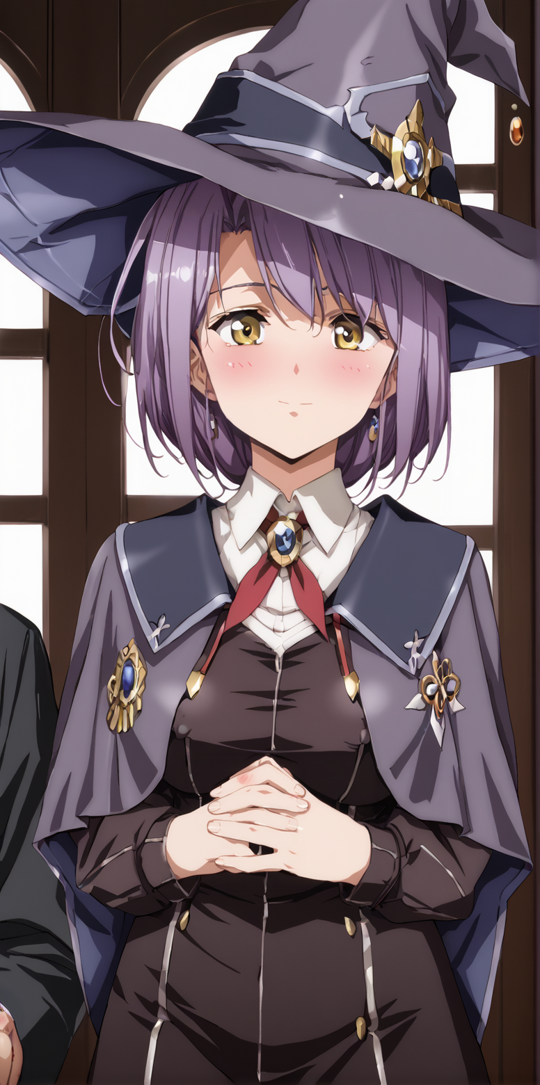 1girl, 1boy, masterpiece, highres, high quality,night, dark room,
score_9, score_8_up, score_7_up, score_6_up, source_anime,
(mature female), cowboy shot, 
BREAK
indoors, (blush:2), seductive smile, smile, 
covered nipples, 
BREAK,
BREAK,
Estelle, short hair, bangs, yellow eyes, purple hair, witch hat,<lora:Urushihara Satoshi_XL_PONY_V2:0.9>,<lora:WanderingWitch:0.8>