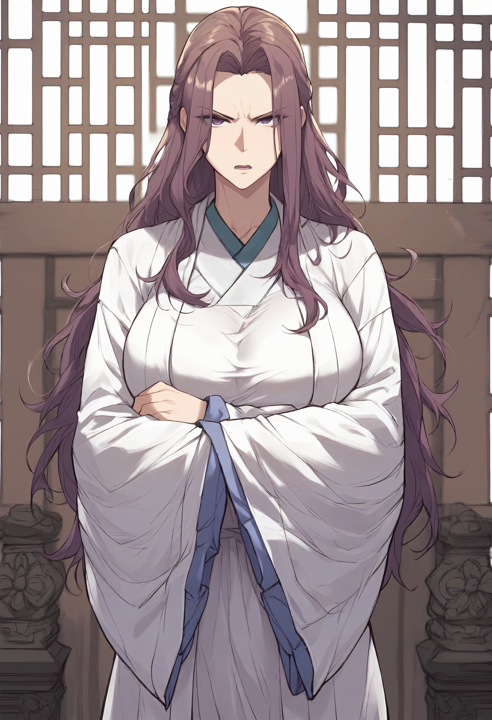 score_9, score_8_up, score_7_up, score_6_up, source_anime, rating_explicit, 1girl, (solo:1.1), huge breasts, <lora:Kyung Hee prefectPonyxl:0.75> long hair, purple hair, brown hair, purple eyes, chinese clothes, white robe, long sleeves, wide sleeves, serious, frown, open mouth, indoors, looking at viewer, crossed arms