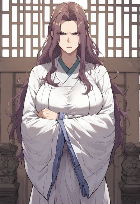 score_9, score_8_up, score_7_up, score_6_up, source_anime, rating_explicit, 1girl, (solo:1.1), huge breasts, <lora:Kyung Hee prefectPonyxl:0.75> long hair, purple hair, brown hair, purple eyes, chinese clothes, white robe, long sleeves, wide sleeves, serious, frown, open mouth, indoors, looking at viewer, crossed arms