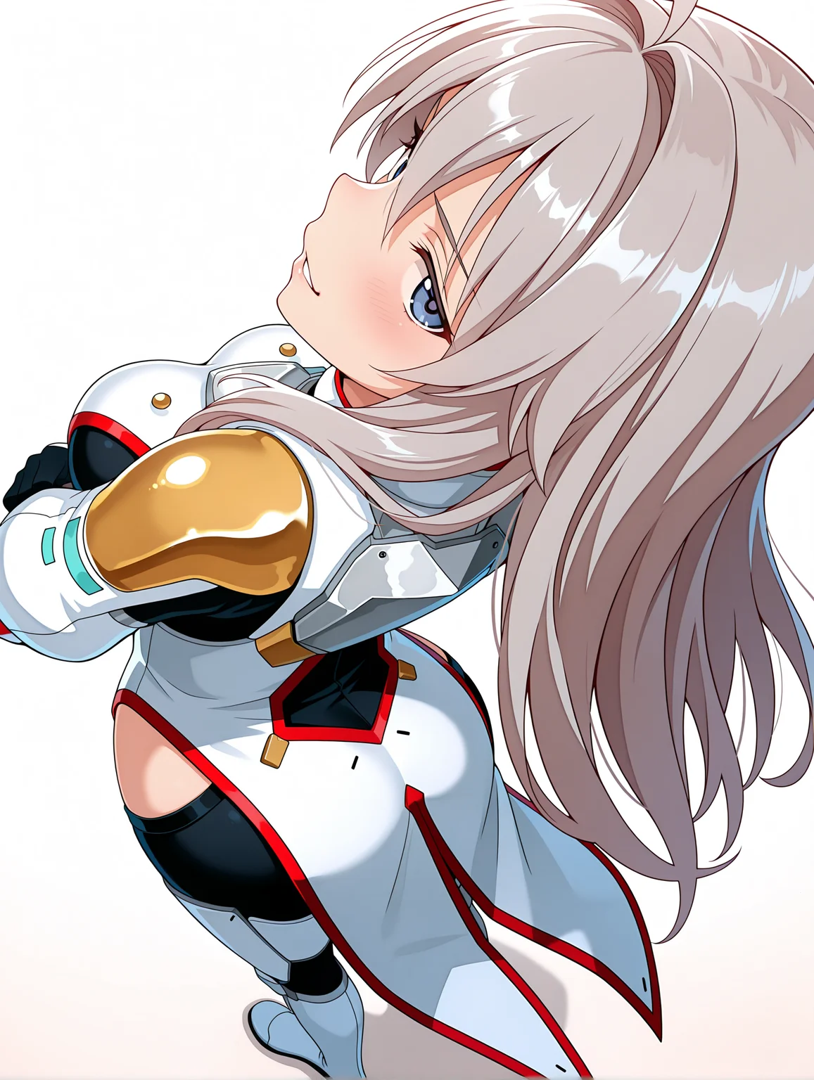masterpiece,best quality,amazing quality,
1girl,solo,
<lora:k_chieri_ilxl_1.5:1>,chieri,ahoge,grey hair,blue eyes,
surcotte,armor,white footwear,
<lora:Fixhands_anime_bdsqlsz_V1:1>,dynamic_angle,looking_at_viewer,standing,light_blush,face_focus,simple_background,white_background,smirk,parted lips,from_back,from_above,fisheye,looking_up,looking_back,profile,Twisting the body,