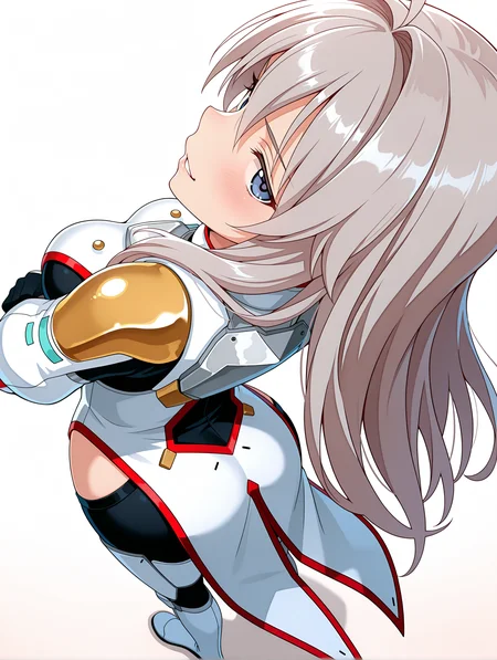 masterpiece,best quality,amazing quality,
1girl,solo,
<lora:k_chieri_ilxl_1.5:1>,chieri,ahoge,grey hair,blue eyes,
surcotte,armor,white footwear,
<lora:Fixhands_anime_bdsqlsz_V1:1>,dynamic_angle,looking_at_viewer,standing,light_blush,face_focus,simple_background,white_background,smirk,parted lips,from_back,from_above,fisheye,looking_up,looking_back,profile,Twisting the body,