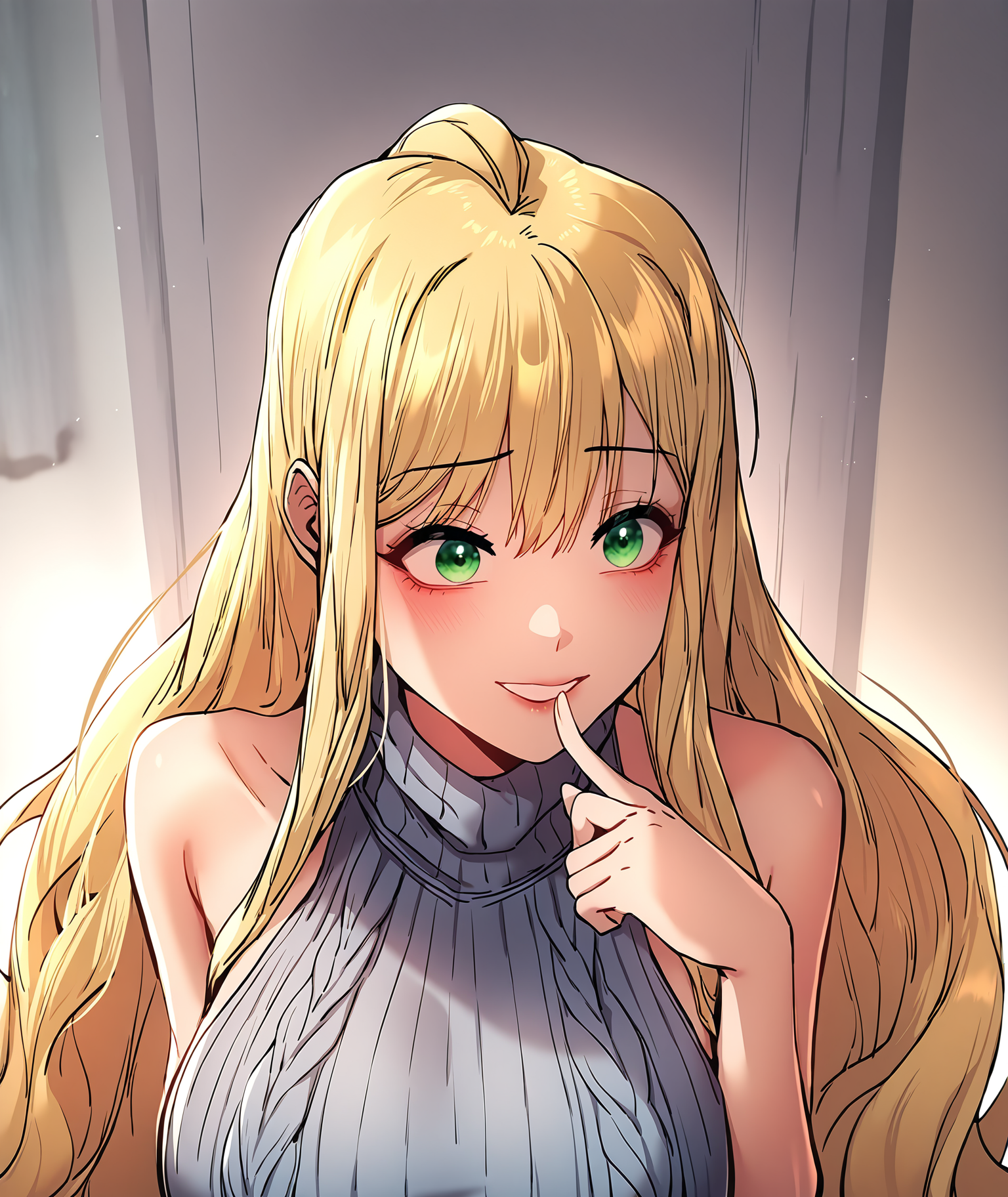 masterpiece,best quality,newest,absurdres,highres,<lora:noobai_ep11_stabilizer_v0.138_fp16:1>,<lora:Pak Hain:1>,pak hain,blonde hair,very long hair,green eyes,virgin killer sweater,chin finger,innocence, naive looking,