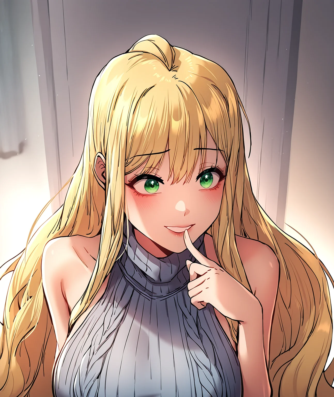 masterpiece,best quality,newest,absurdres,highres,<lora:noobai_ep11_stabilizer_v0.138_fp16:1>,<lora:Pak Hain:1>,pak hain,blonde hair,very long hair,green eyes,virgin killer sweater,chin finger,innocence, naive looking,