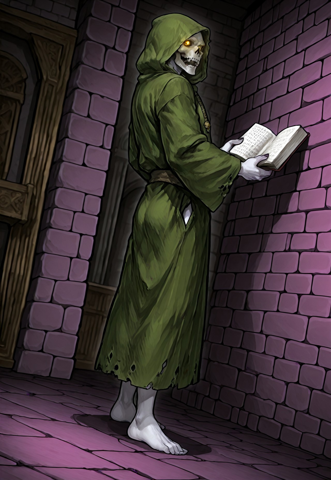 score_9,score_8,score_7,source_furry,
(masterpiece, best quality, high quality:1.2), detailed hands,character focus, detailed skins, body blush, cinematic shadow, character focus, ultra detailed background, 
 <solo:1.5>, <1boy:1.5>,
(anime:3.5), (dutch angle:1.5),(close up male:1.5),(sideshot:3.0),
detailed skull, detailed face, detailed teeth,
polewiz, male focus, white skin, skull, bald, teeth, tongue, green hood, green cloak, green robes, torn robes, Olive color kanzugi, short kanzugi, green skirt, wide sleeve, (long sleeve:1.2), glowing eyes, yellow eyes, deep eyes hole, long fingernails, gaunt, bony, barefoot, (detailed toes:1.8), adult,
dark purple back ground, abyss, block dungeon background, passageway in distance, darkness,
sitting stone floor, (reading book:1.5), having book,