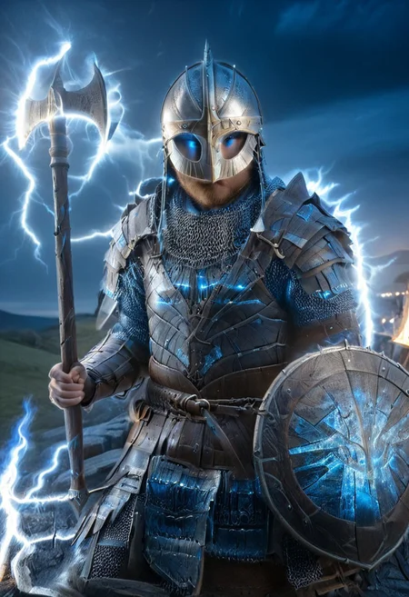 1man, armored Viking warrior in lamellar armor, wearing Viking helmet and lamellar armor, reflection, glowing blue lightning, axe and shield, Viking sword, blue flames, shatter, emphasis line, outdoor in the darkness, looking at viewer,