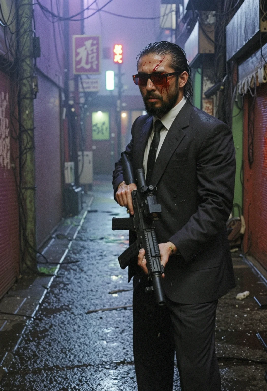 film photography, full body shot by rmuller of a bearded bloody japanese yakuza aiming an assault rifle, both hands on rifle, rifle by waist level, infinite red laser beam from rifle, emerging from a dirty narrow Shinjuku red light district alley way, wearing black adn white suit and tie, sunglasses, wet, paranoid, new york city, raining, thunderstorms, neon green light, magic hour, neon signs, purple and red sky, natural light, depth of field, beautiful bokeh, masterpiece, cinematic, 8k resolution, intricate detail, sharp focus. Hyperrealistic, dramatic lighting, moody atmosphere,