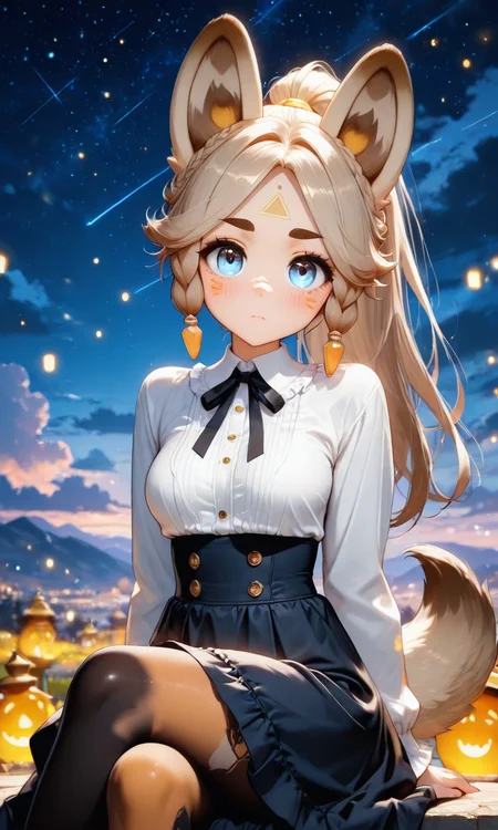 masterpiece, cute, lovely, (best quality:1.3), best quality, (amazing quality:1.3) ,very aesthetic, high resolution, absurdres, newest, 1girl, solo, perfect eyes, intricate eyes, Kachina_Genshin, animal ears, long hair, braid, high ponytail, brown hair, thick eyebrows, facial mark, blue eyes, parted bangs, tattoo, animal_tail, very cute, light particles, cute details, cute colors, (medium_breasts:1.3), BREAK, 

red highlight, mole, virgin killer outfit, white shirt, long skirt, pantyhose, slim body, big bust, blush, disgusted face, adjusting hair, outdoors, dark background, star \(sky\), cloud, light particles, glowing, firefly, looking at viewer, sitting, on_wall, crossed legs, amazing quality, highres, very aesthetic, absurdres, newest, scenery