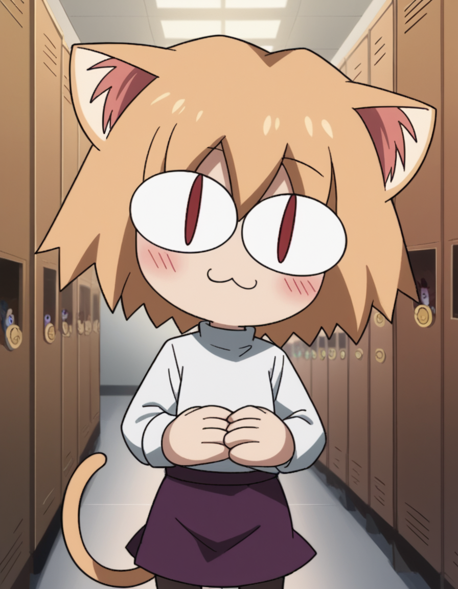 score_9, score_8_up, score_7_up, source_anime, <lora:carnivalphantasm-neco-arc-ova-ponyxl-lora-nochekaiser:1>, neco arc, short hair, blonde hair, red eyes, animal ears, tail, cat ears, chibi, cat tail, slit pupils,, skirt, pantyhose, sweater, purple skirt,, school hallway, lockers, between classes, everyday life, , looking at viewer, hands on stomach, blush,, solo,, dutch angle, cowboy shot