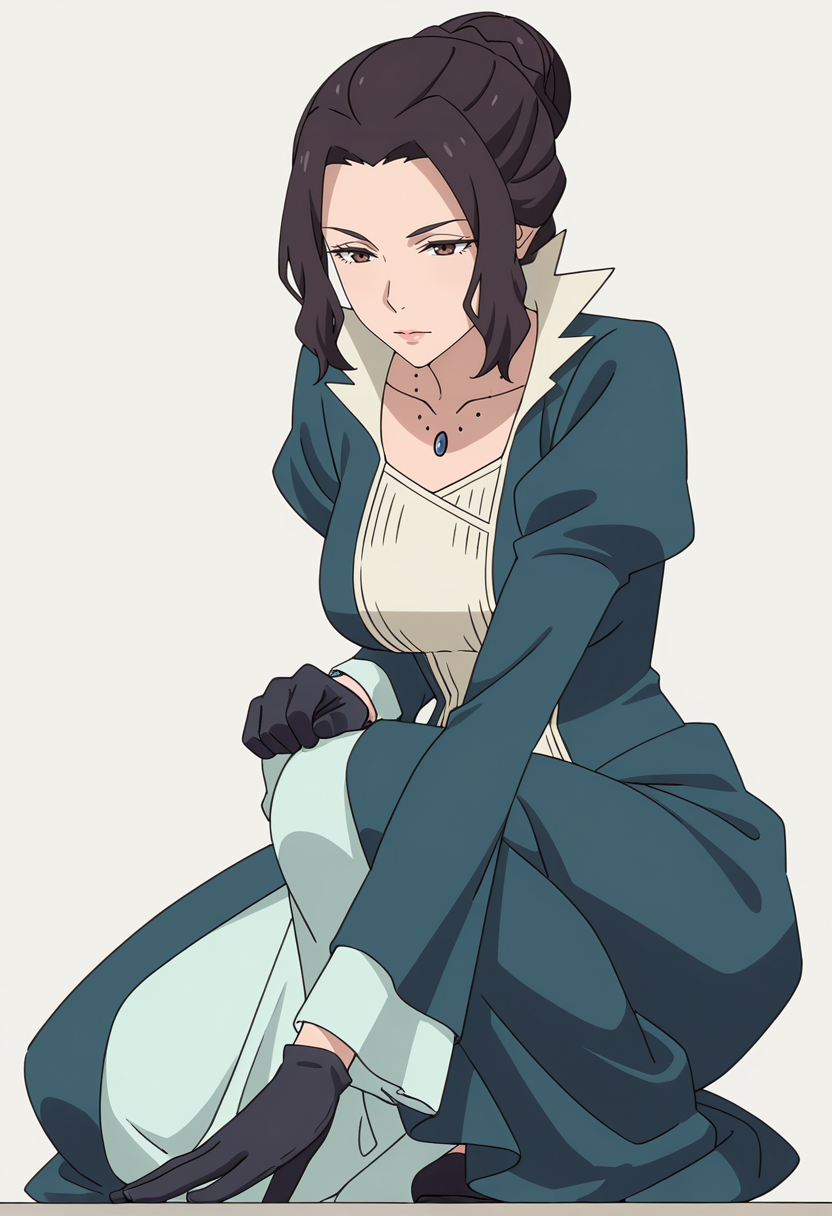 Smooth Quality,masterpiece,very intricate, high quality details, ultra realistic, high detailed skin,detailed enviorement,absurdres,
simple background, white background,
crouching, one hand on ground, other on knee, intense gaze, balanced stance,  ,from below,
 <lora:Blumund_Queen_cnn:0.7>blumundqueencnn,1girl, black hair, hair bun,mature female, 
long sleeves, blue dress, black gloves,jewelry, necklace,