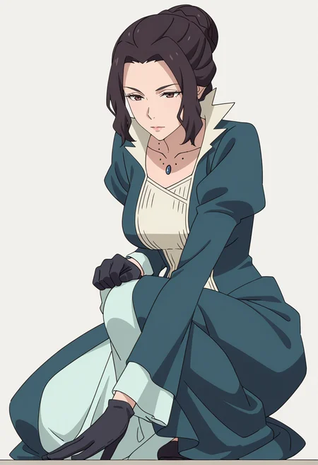Smooth Quality,masterpiece,very intricate, high quality details, ultra realistic, high detailed skin,detailed enviorement,absurdres,
simple background, white background,
crouching, one hand on ground, other on knee, intense gaze, balanced stance, ,from below,
<lora:Blumund_Queen_cnn:0.7>blumundqueencnn,1girl, black hair, hair bun,mature female,
long sleeves, blue dress, black gloves,jewelry, necklace,