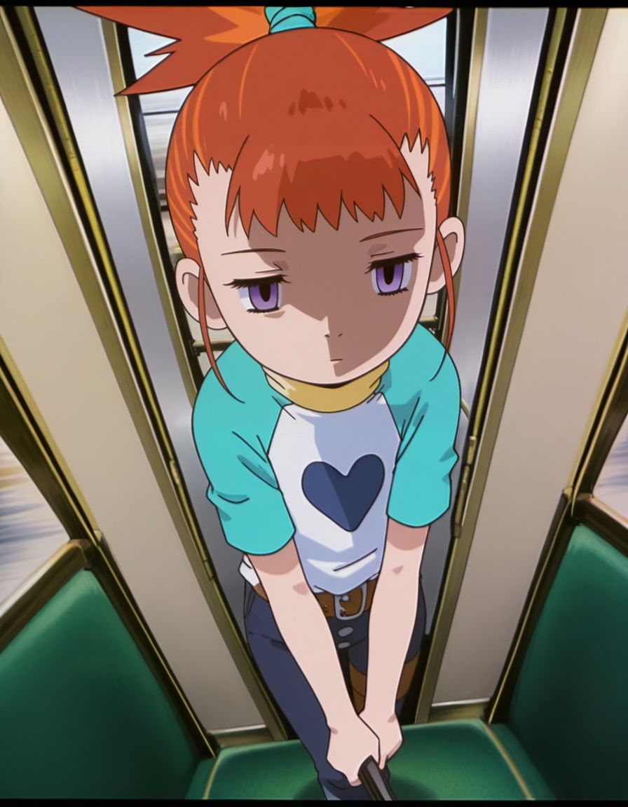 masterpiece, best quality, incoming attack, solo, inside a train background, dutch angle, fisheye angle, from above, 
, skinny, shaded face, empty eyes, expressionless, 
<lora:Mind_Controlled_Rika:1>, rik0, 1girl, orange hair, high ponytail, female child, purple eyes, raglan sleeves, yellow turtleneck,