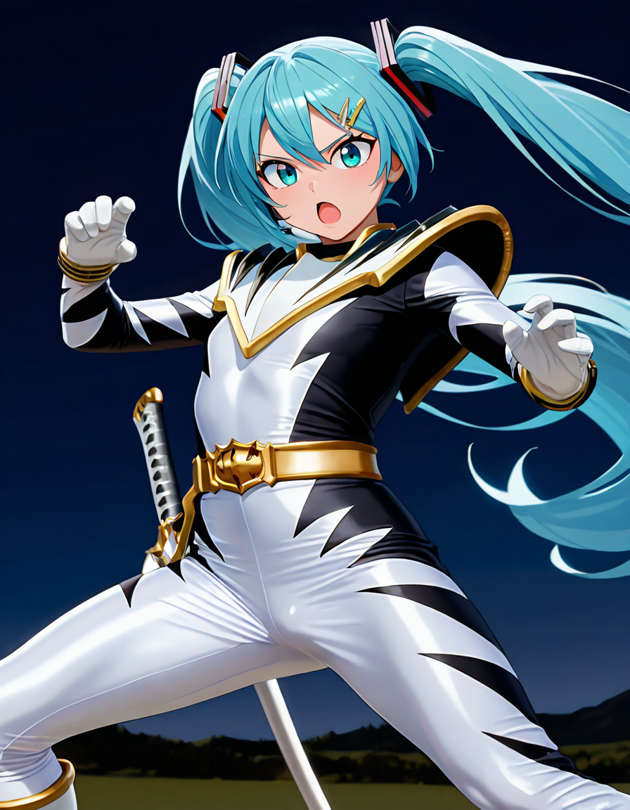 masterpiece, best quality, amazing quality, very aesthetic, absurdres, newest,shiny skin (((anime screenshot:1))), anime coloring, hatsune miku, twintails, blue hair, fighting stance, hairclip looking at viewer, open mouth 1girl , flat chest, Dinotwhite, robot, solo, DINWHT vest, DINWHT bodysuit, DINWHT belt, DINWHT gloves, DINWHT boots, helmetless <lora:Power_Rangers_Dino_Thunder_-_BakuryÅ«_Sentai_Abaranger_13_in_1_pack:0.9>