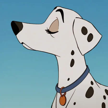 score_9, score_8_up, score_7_up, j_cartoon, Disney, highly detailed, ((detailed shaders)), BREAK, perdita, Dalmatian, closed eyes, outdoor, animalization, blue background, day, clear, black spots, 1 female, female focus, outdoor, transparent background, street, elegant walking, profile, side, blue collar, full shot