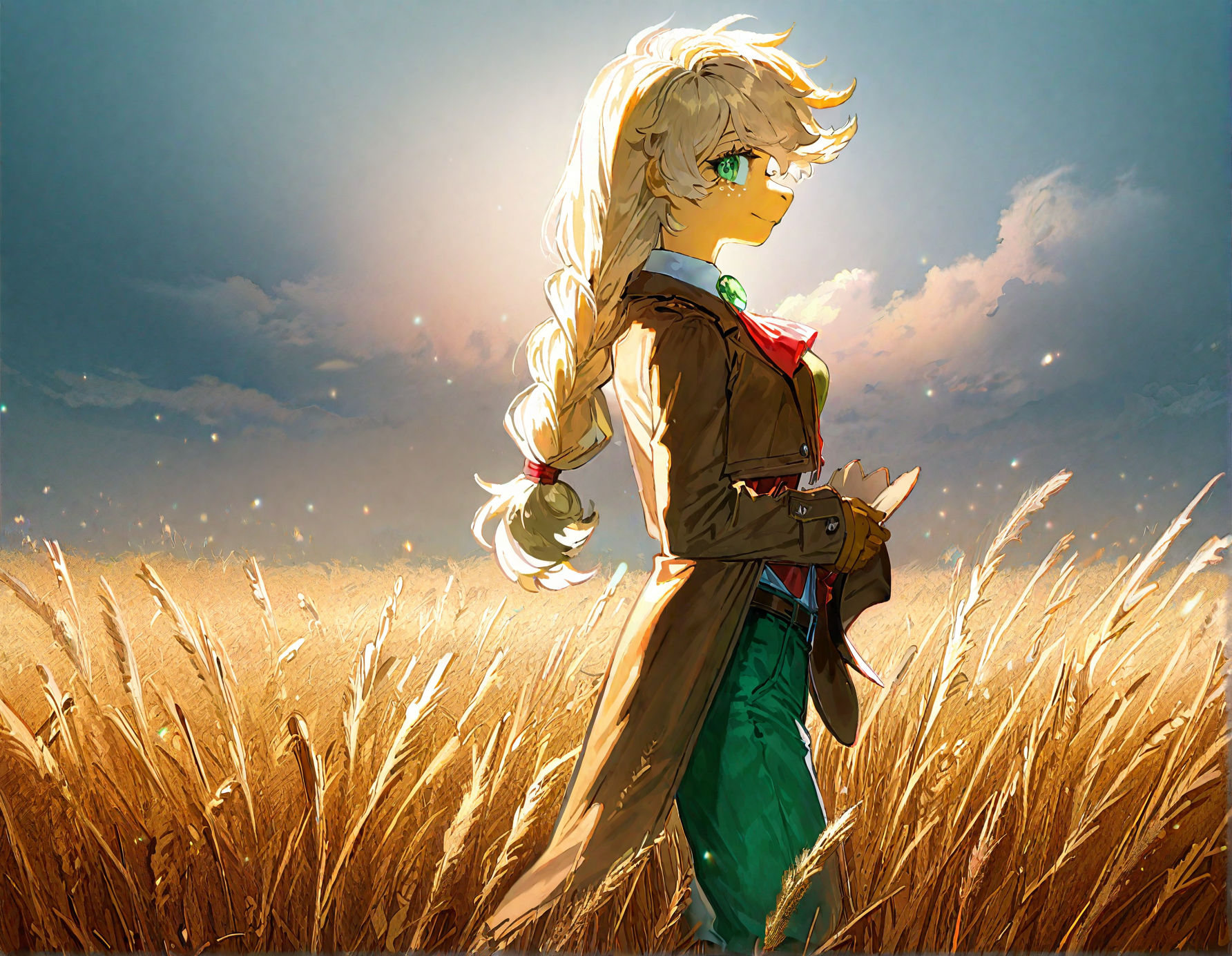 applejack , 1girl, blonde_hair , cloud ,colored_skin, furry, furry_female, long_hair,orange_skin ,outdoors, personification , solo, , wheat_field,Straw ,dot_nose, freckles, green_eyes , medium breast,
green_pants, jacket,long_hair, official_alternate_costume, open_jacket, pants, single_braid, yellow_shirt,adapted_costume , braid ,brooch ,brown_belt, brown_hat, brown_jacket, buttons, cowboy_hat ,detached_collar, knee_boots,  windy, holding own hat, from side, smile , looking at viewer,
rella, rolua,  quasarcake:0.8, negative space,  very awa,
masterpiece, best quality, Good quality, very aesthetic, absurdres, newest, (Perfect details),
<lora:ponyv5_noobV065S_1_adamW:0.8>, <lora:illustrious_noobai_epsilon_pred_1_best_quality_v1:0.7> ,<lora:illustrious_noobai_epsilon_pred_11_very_aesthetic_v1:0.7> ,<lora:illustrious_noobai_epsilon_pred_1_masterpieces_v1:0.7> , <lora:Straw_thread:1>