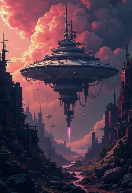 A digital artwork in the style of cknc, a floating colossal space Station seen in bits, surrounded in a vast space nebula, eerie atmosphere