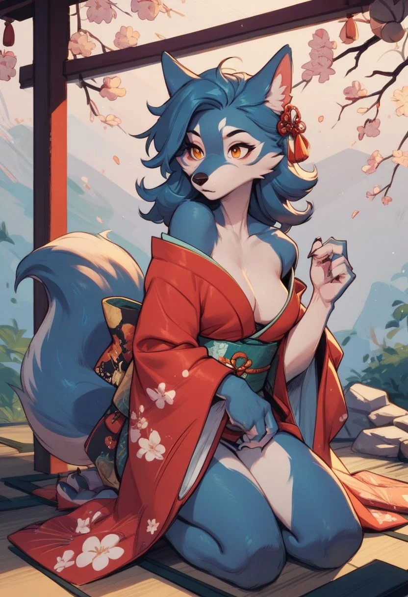 score_9, score_8_up, score_7_up, score_6_up, furry, anthro, wolf girl, kimono, kneeling,