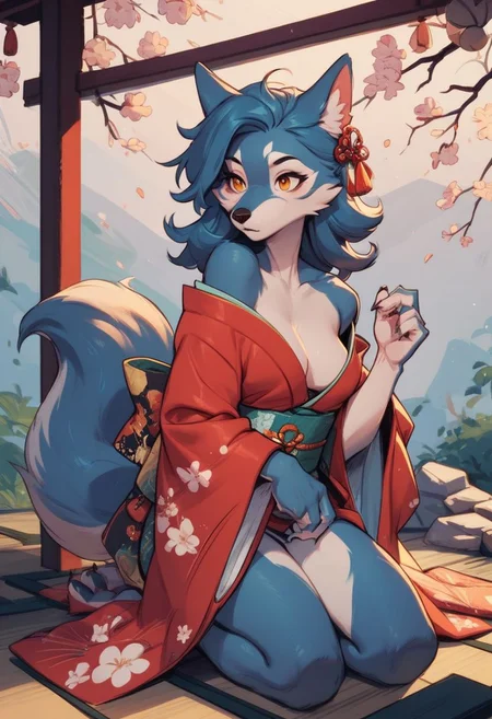score_9, score_8_up, score_7_up, score_6_up, furry, anthro, wolf girl, kimono, kneeling,