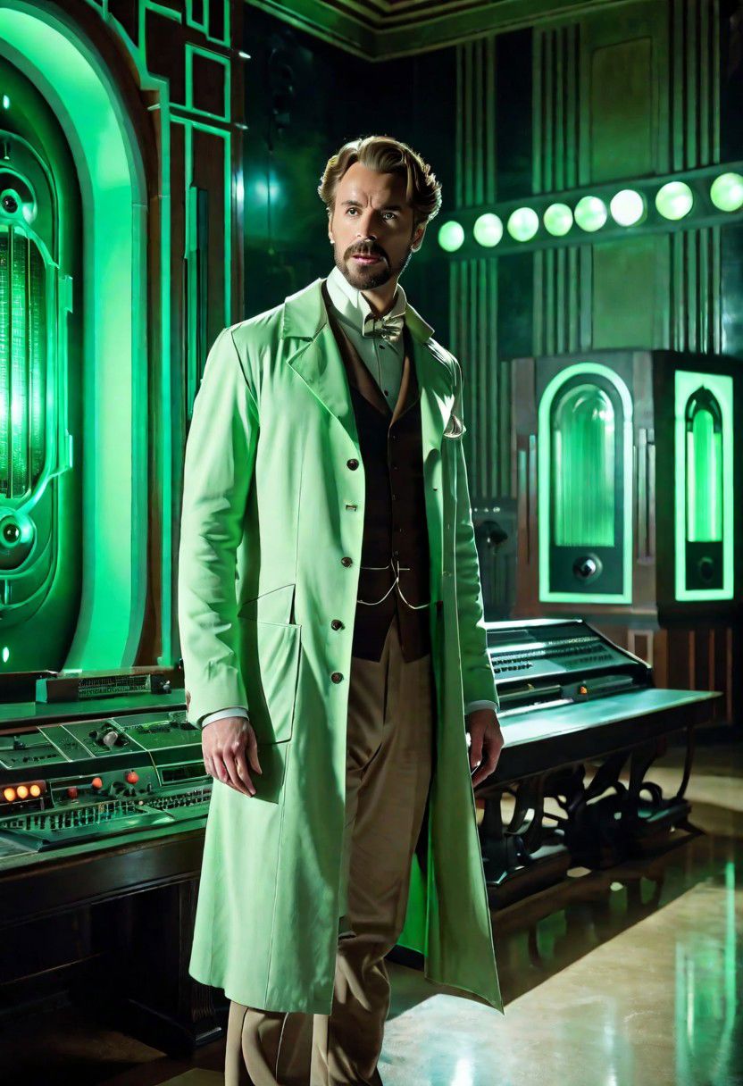 Retro futuristic Male Scientist wearing a pale green lab coat with light walnut pants and vest, in a gothic classic cinema Laboratory out of a james whales movie