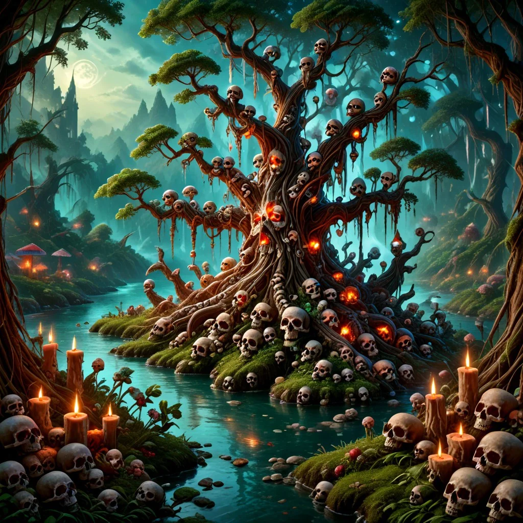 score_9, score_8_up, score_7_up, blue lake background, tree growing out of water, decorated with skulls, made of skulls,