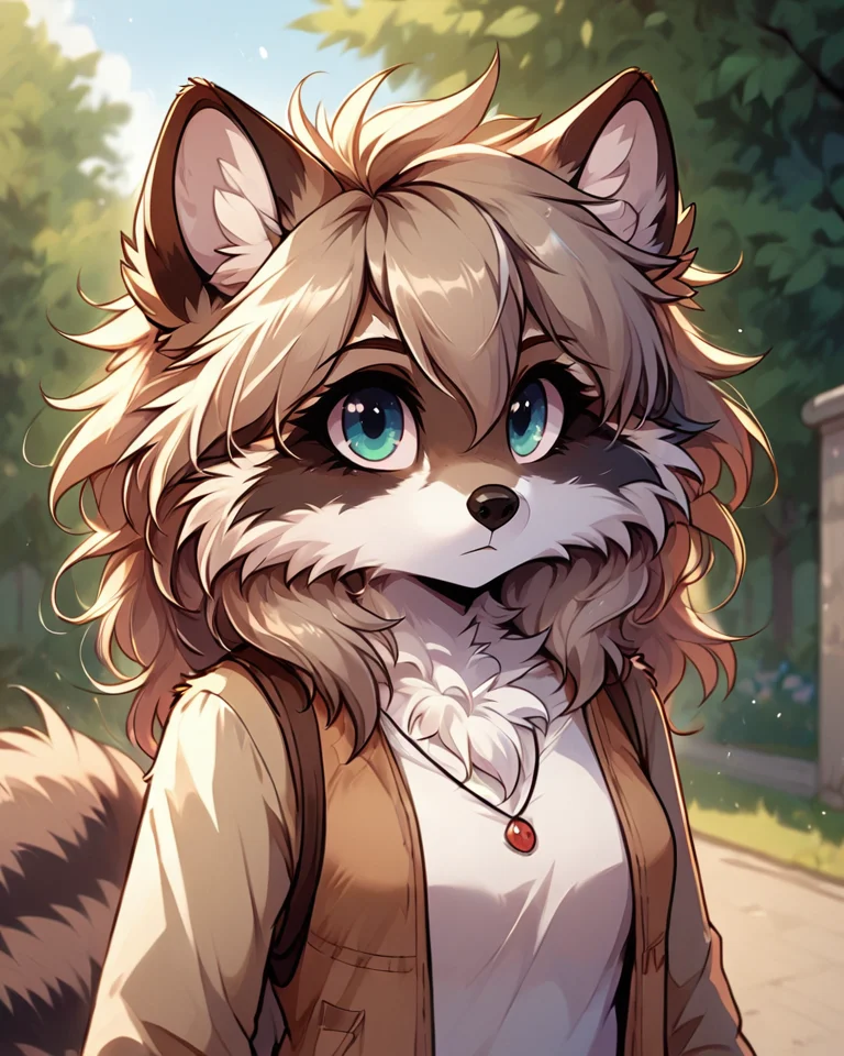 score 9, score 8 up, 1girl, masterpiece, <lora:MegaFluffyPony:1> megafluffypony, fluffy, furry, Raccoon, medium shot, outdoors, clothes