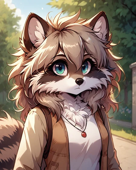 score 9, score 8 up, 1girl, masterpiece, <lora:MegaFluffyPony:1> megafluffypony, fluffy, furry, Raccoon, medium shot, outdoors, clothes