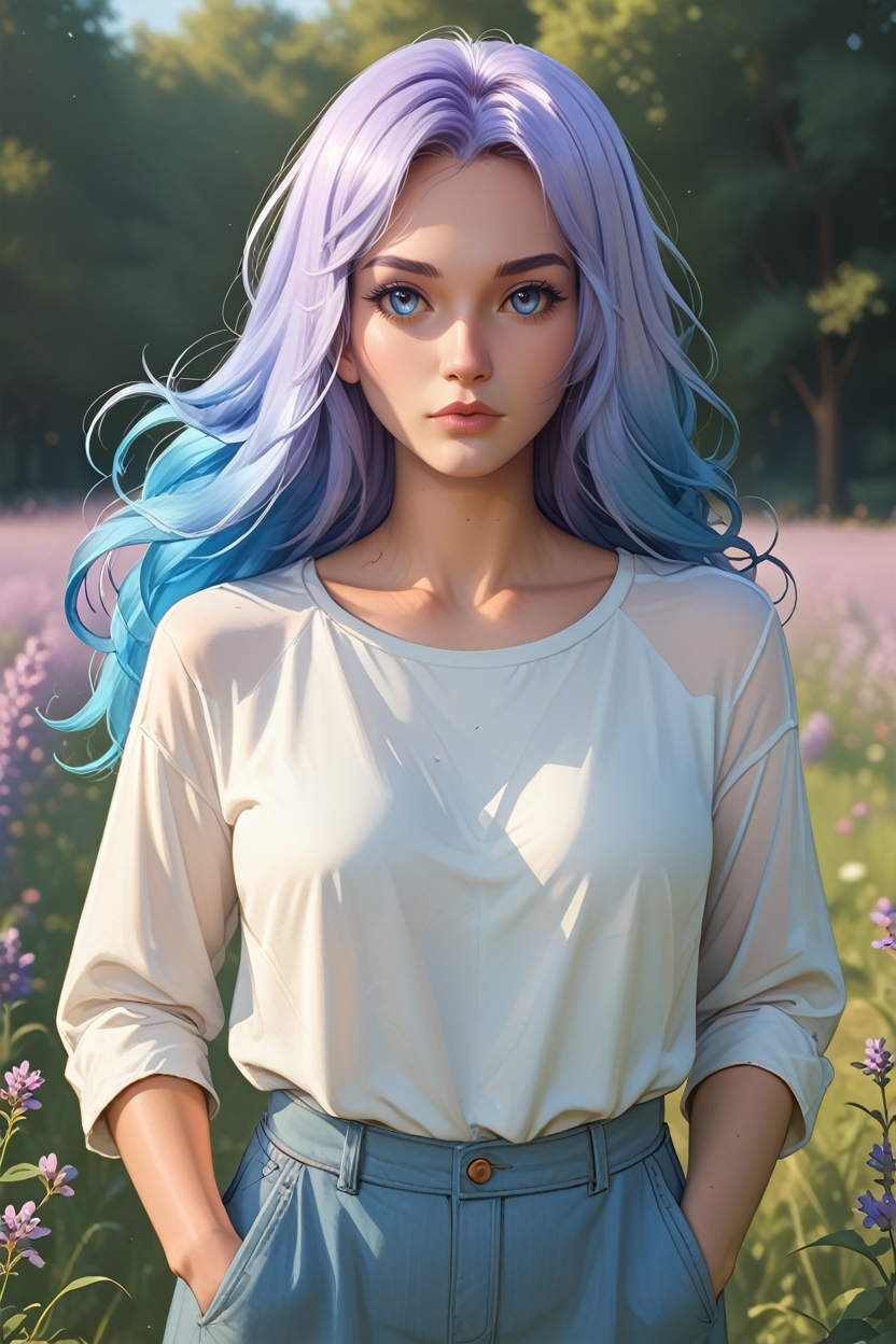 score_9, score_8_up, score_7_up,
<lora:FGBH:0.8>
FGBH, 1girl, blue hair, blue eyes, long hair, gradient hair, looking at viewer, standing in a field of lavender, hands in pockets, slight breeze blowing hair, warm golden hour sunlight, serene and peaceful mood