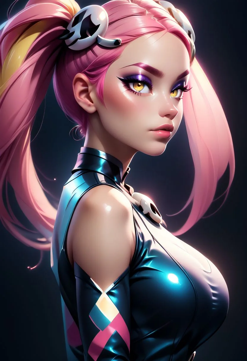 score_9, score_8_up, score_7_up, score_6_up, score_5_up, score_4_up score_9,score_8_up, digital art, upper body shot, realistic 3D illustration,
BREAK,
zzPlumeria, pink hair, multicolored hair, blonde hair, two-tone hair, long hair, yellow eyes, hair ornament, quad tails, breasts, eyeshadow, skull hair ornament,
BREAK,
subsurface scattering, soft lighting, contemplative expression, dark background, subtle makeup, high-resolution, detailed texture, emotional depth, dramatic mood, side profile, serene atmosphere, cinematic lighting. perfectly round breasts, big breasts, firm breasts, SkinHairDetail, eye contact