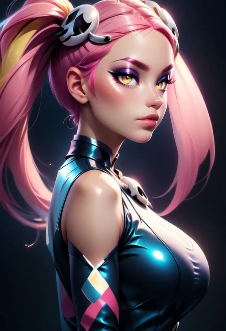score_9, score_8_up, score_7_up, score_6_up, score_5_up, score_4_up score_9,score_8_up, digital art, upper body shot, realistic 3D illustration,
BREAK,
zzPlumeria, pink hair, multicolored hair, blonde hair, two-tone hair, long hair, yellow eyes, hair ornament, quad tails, breasts, eyeshadow, skull hair ornament,
BREAK,
subsurface scattering, soft lighting, contemplative expression, dark background, subtle makeup, high-resolution, detailed texture, emotional depth, dramatic mood, side profile, serene atmosphere, cinematic lighting. perfectly round breasts, big breasts, firm breasts, SkinHairDetail, eye contact