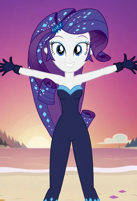 four fingers, Rarity, looking at viewer, 1girl, solo, arms stretched, spread arms, happy eyes, high hells, open high heels, legs, crystal high heels, dark blue socks, scattered diamonds on lower legs, show body, happy face, smiling, teeth, dusk, breasts, petite body, beach, sunset, scattered diamonds in hair, sparkling hair, hair glitter speckles, strapless bodysuit, dark blue outfit, dark blue gloves, (flat shading, soft shading), ((equestria girls, show accurate:1.2))