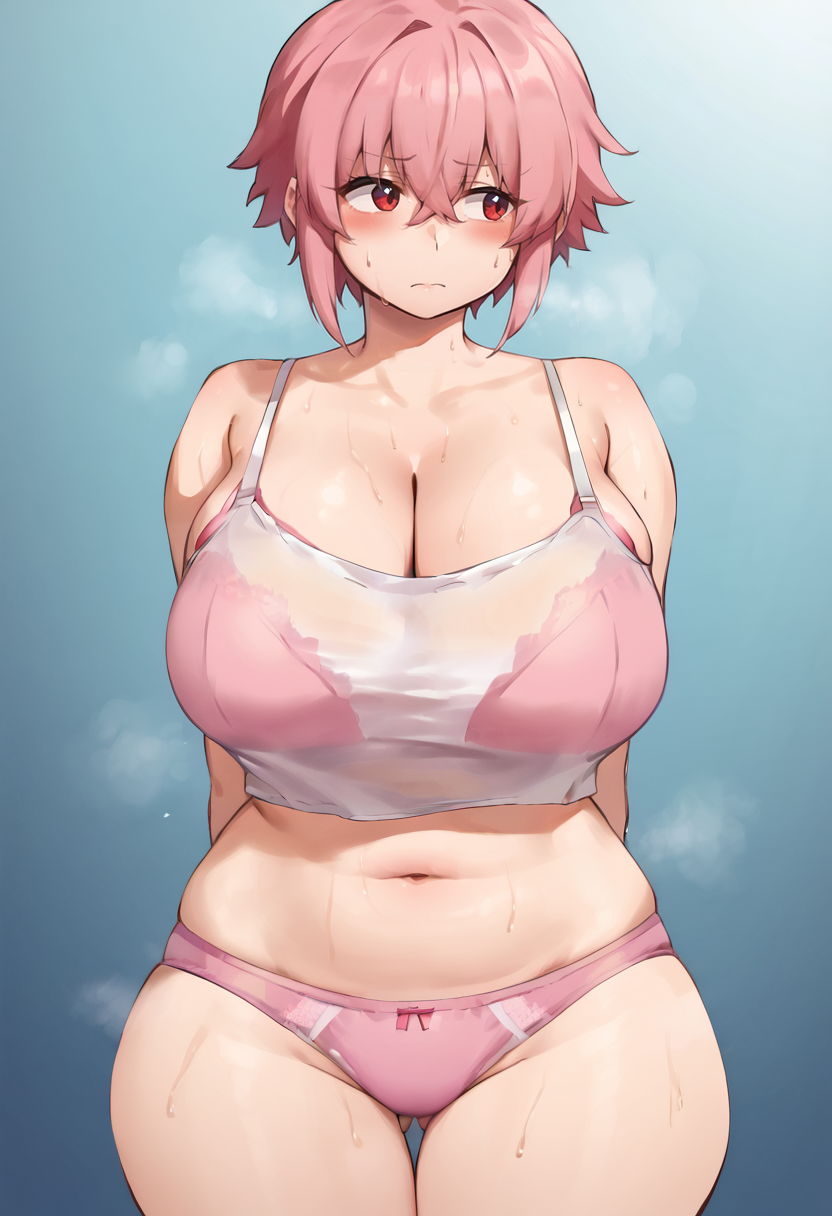 score_9, score_7_up,  1girl, 
huge breasts, wide hips, thick thighs, white shirt, underwear, sweatdrop, thighs, looking to the side, looking away, arm behind back, standing, solo, pink bra, breasts, cleavage, pink hair, navel, red eyes, sweat, embarrassed, plump, short hair, shirt, pink panties, panties, collarbone, hair between eyes, bra, blush, stomach, eyes visible through hair
 <lora:hirunagi-Style-PonyXL-GLoRA-v1.1-000047:1>
