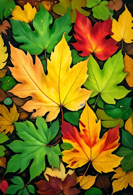 masterpiece, ultra HD, ultra detailed, ultra realist, hyperkraximalism, midjourneyv6.1, a pile of autumns color leaves, leaf, many leaves,green_leaf, autumn_leaf, yellow_leaf, orange_leaf, red_leaf, brown_leaf, light_effect